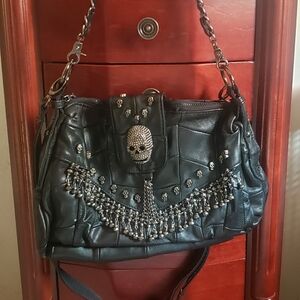 Gothic black leather rhinestones skull shoulder purse